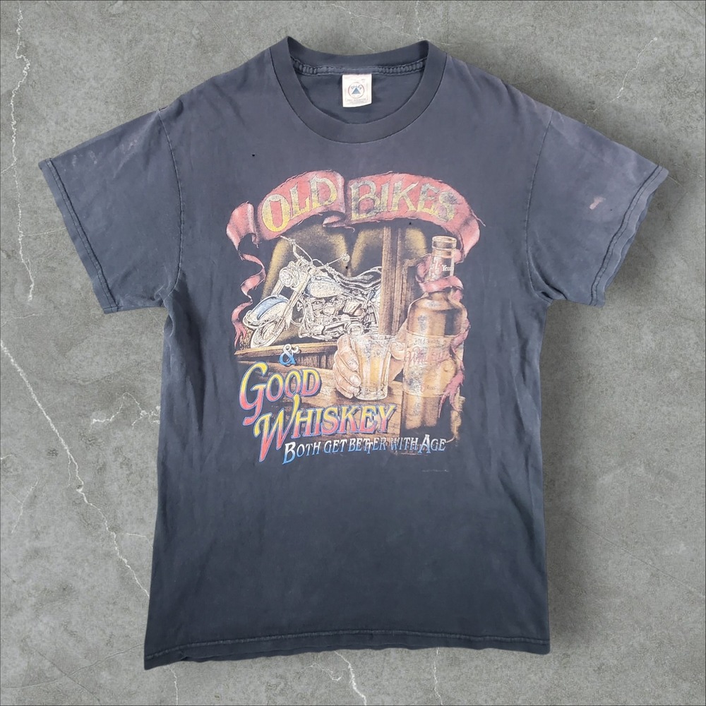 Vintage Old Bikes Good Whiskey Mens Medium Black Biker 90s 3d Emblem Harley Tee
